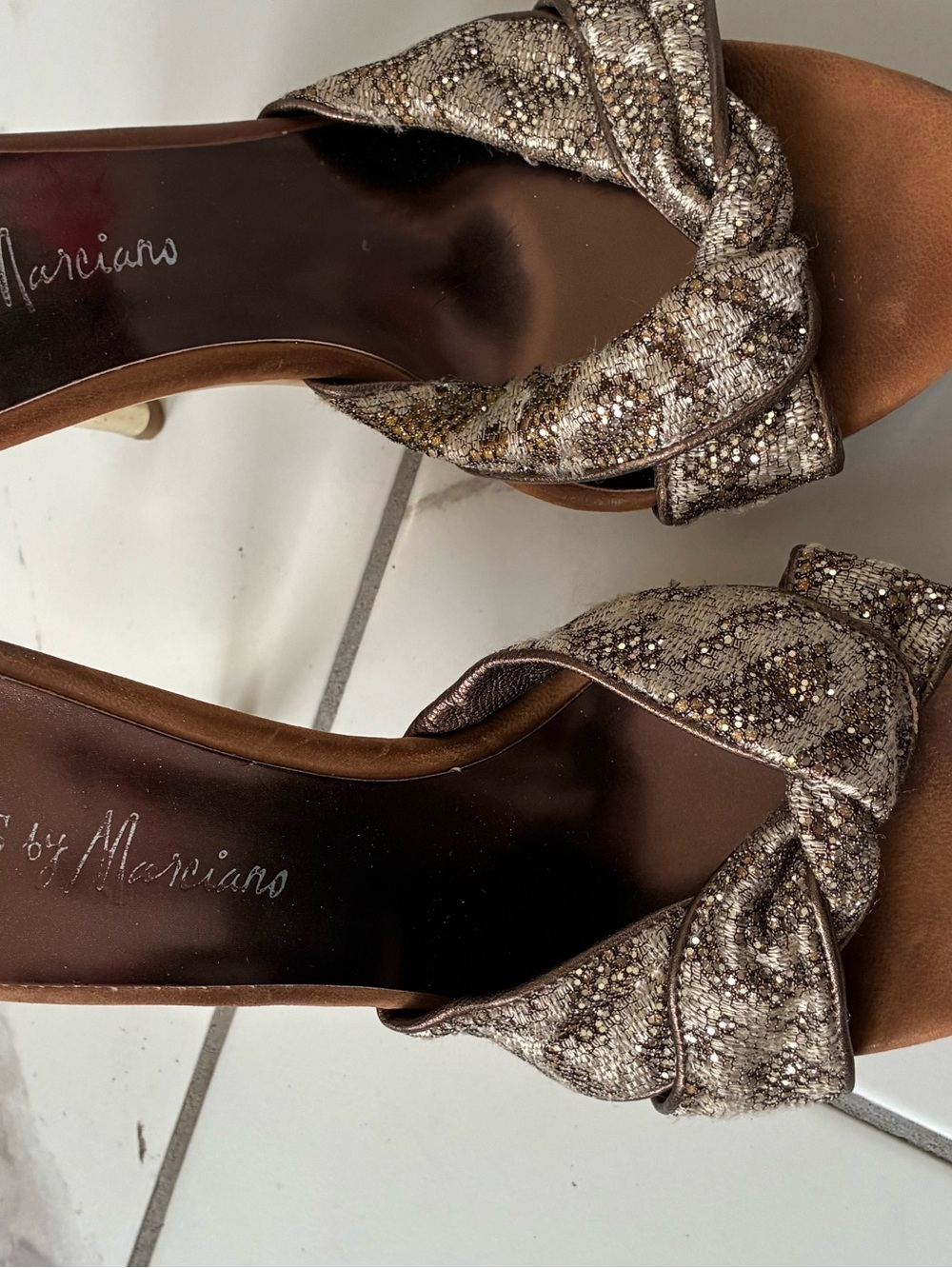 Marciano Glitter Knotted Slide Heels - Metallic Gold